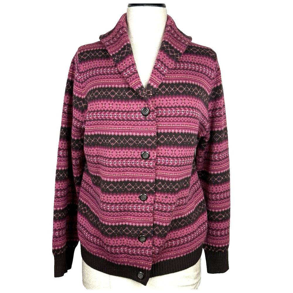Pendleton Sweater Womens L Cranberry/Brown Merino Wool Fair Isle Button Cardigan